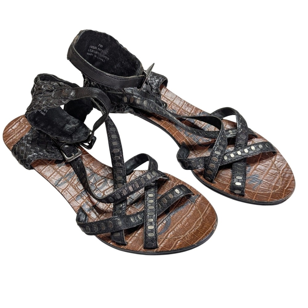 Sam Edelman Delia Gladiator Sandals 7M Black Leather Studded Strappy Low Wedge